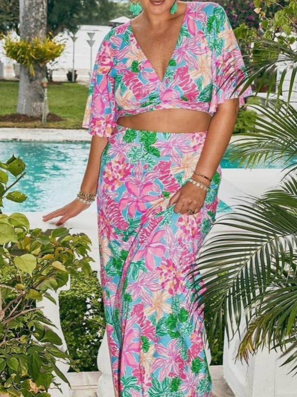 Lilly Pulitzer Minka Tropical Floral Two-Piece Maxi Set For - Pink & Green